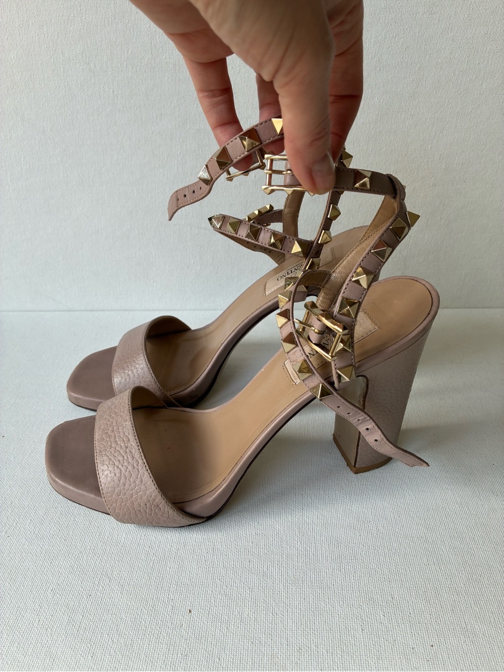 Valentino Studded Ankle-Strap Block Heel Sandals in Taupe size 36